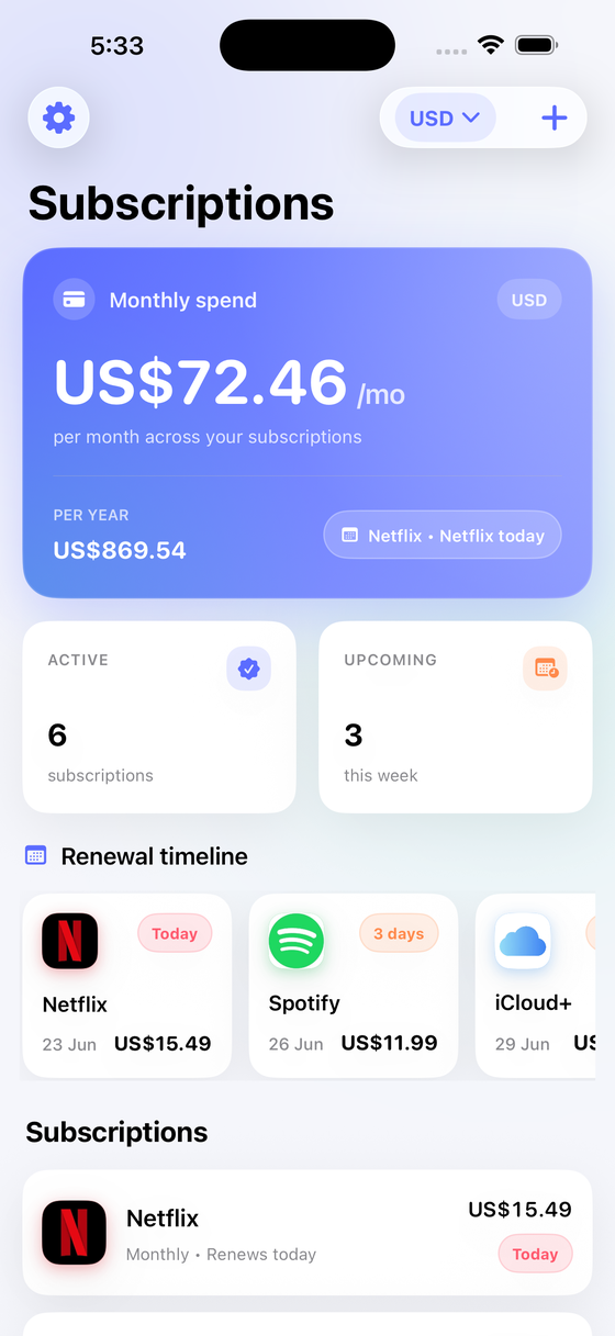 Tabi home screen showing monthly spend and renewals