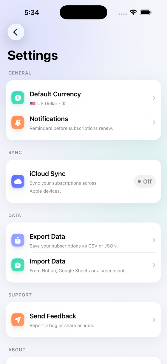 Settings — iCloud sync and import